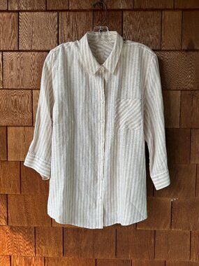 Chico's Tan/White Linen No Iron Button Front 3/4 Sleeve Shirt - Women's 16-18/XL